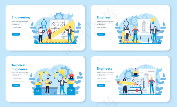 工程网页横幅banner或登录页面集。技术和科学。制造机器和结构的专业职业。建筑工作或呃。