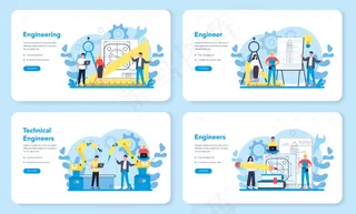 工程网页横幅banner或登录页面集。技术和科学。制造机器和结构的专业职业。建筑工作或呃。