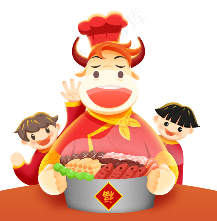 红色扁平2021牛年年夜饭(3545X3605(DPI:300))psd模版下载