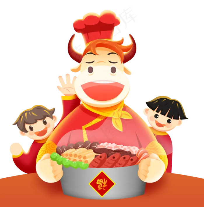 红色扁平2021牛年年夜饭(3545X3605(DPI:300))psd模版下载