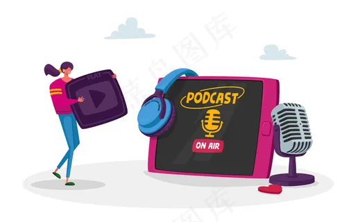 在巨大的平板电脑、耳机和麦克风旁，手持播放按钮的小女性角色正在收听播客。