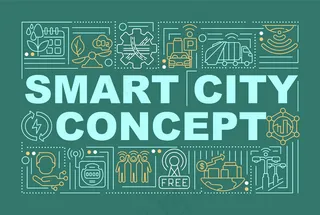 智能市区词概念横幅banner。智慧管理。在绿色上带有线性图标的信息图表。孤立的创意排版。带文本的矢量轮廓彩色插图