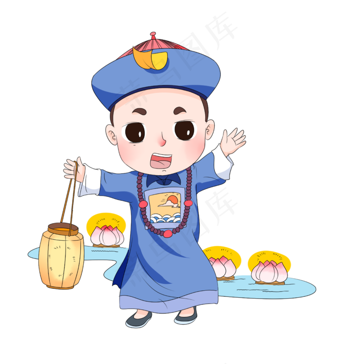 手绘中元节鬼节放河灯僵尸插画