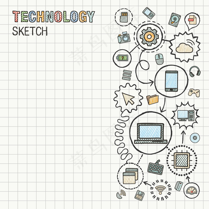技术手绘集成图标集在纸上。彩色素描信息图表。相连的涂鸦象形图。互联网、数字、市场、媒体、计算机、网络互动概念