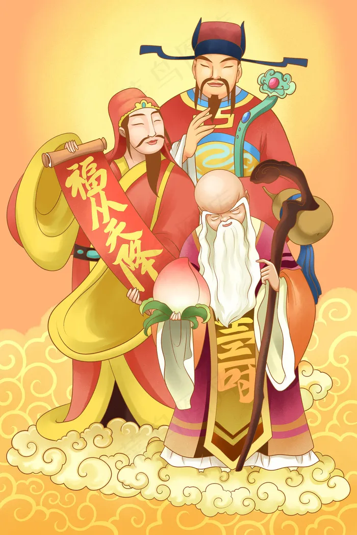 传统风格福禄寿配图(3545*5315px 300 dpi )psd模版下载