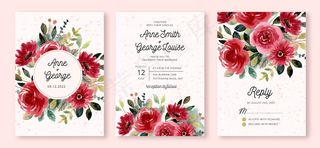 带有红花花园水彩的婚礼请柬