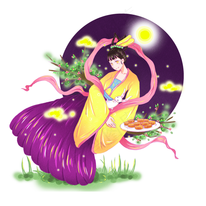 中秋节古典嫦娥奔月飞天手绘形象(2000X2000(DPI:300))psd模版下载