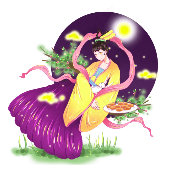中秋节古典嫦娥奔月飞天手绘形象(2000X2000(DPI:300))psd模版下载