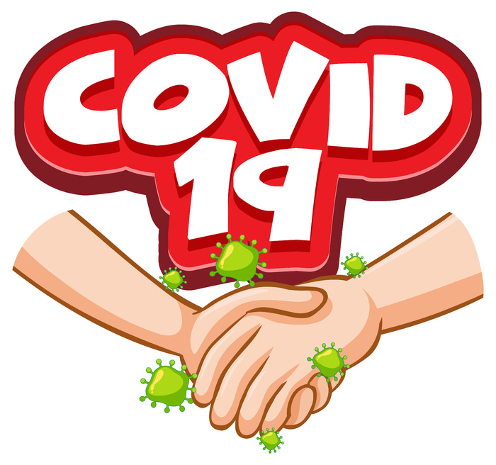 带有病毒的 Covid-19 字体设计从白色背景上的握手传播