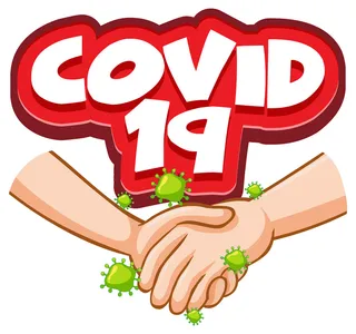 带有病毒的 Covid-19 字体设计从白色背景上的握手传播