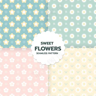 一套可爱风格艺术的甜美花朵无缝图案