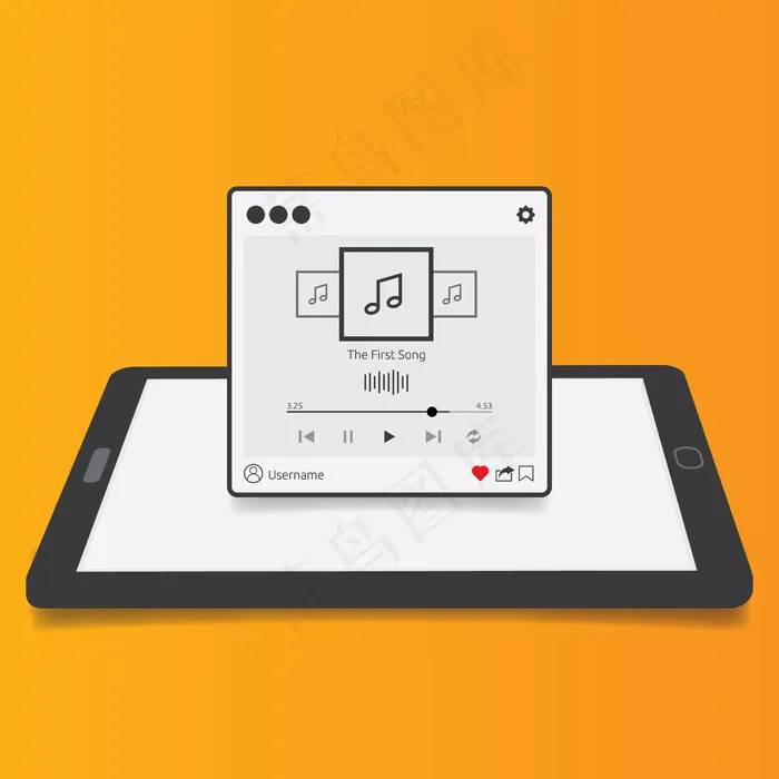 具有3d平板电脑背景的流媒体音乐播放器应用程序app，适用于手机app移动应用程序、智能手机、pc或平板电脑的平板设计风格。干净又现代。矢量图解。