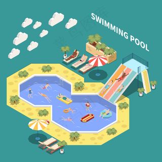 水上公园水上公园等距构成，有日光浴、滑水道和开放式水池，有人和文字