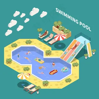 水上公园水上公园等距构成，有日光浴、滑水道和开放式水池，有人和文字