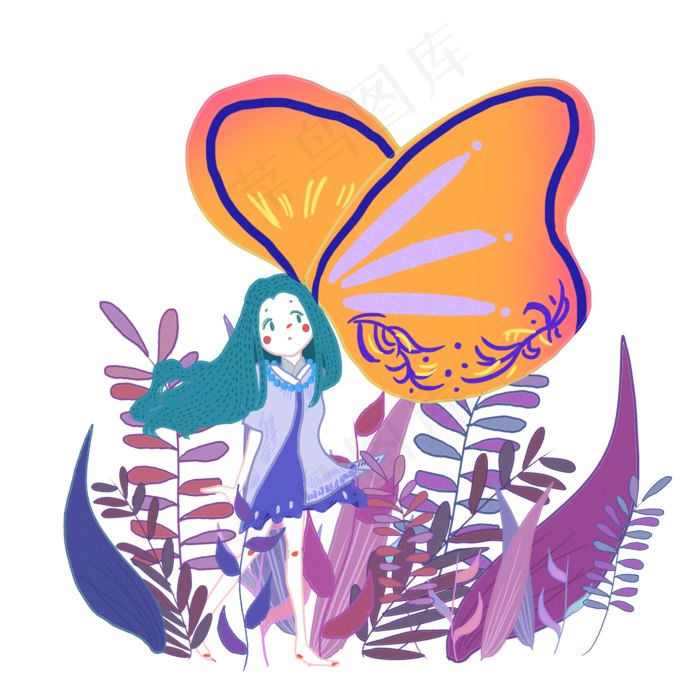 手绘白露蝴蝶少女设计元素