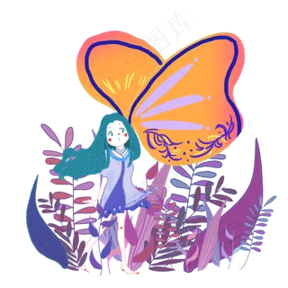 手绘白露蝴蝶少女设计元素