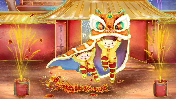 手绘跨年夜新年放鞭炮舞狮(2880*1620px 300 dpi )psd模版下载