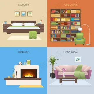室内彩色组合，卧室和家庭图书馆壁炉和舒适的休息室