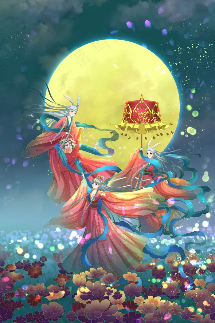 国潮风中秋节嫦娥起舞(3545*5315px 300 dpi )psd模版下载