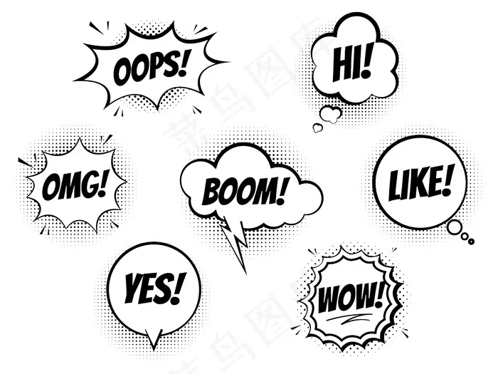 白色背景上的漫画语音气泡集，爆炸和震动的凉爽声音，仿半色调印记纹理eps,ai矢量模版下载