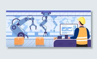 人类使用计算机控制在智能工厂工业中护送生产的机器人手臂4