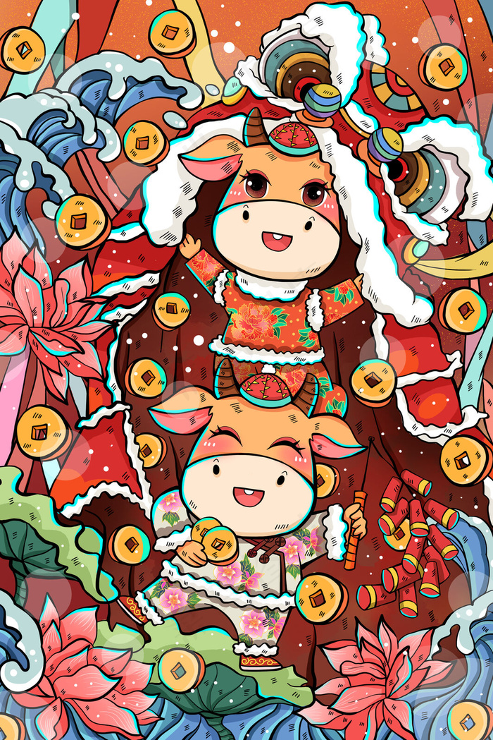 2021牛年舞狮插画