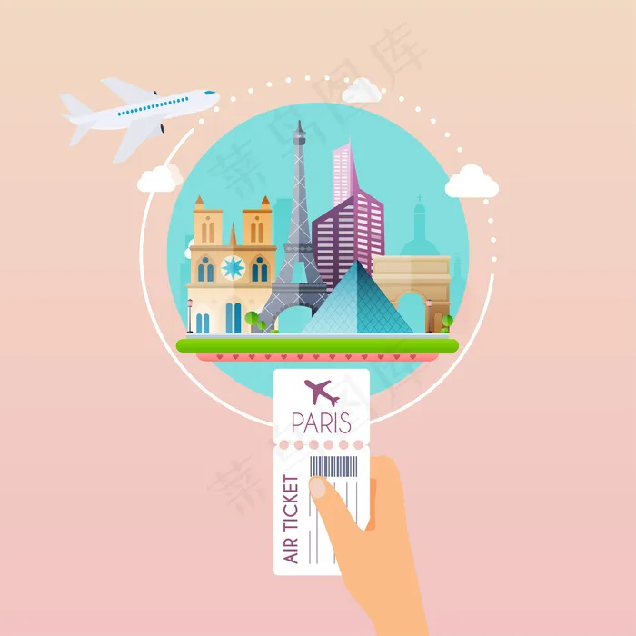 手持机场登机牌前往巴黎。乘飞机旅行、计划暑假、旅游和旅行物品及旅客行李。现代插画概念。