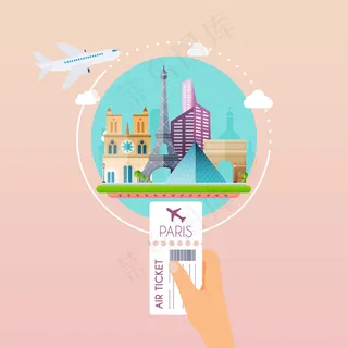 手持机场登机牌前往巴黎。乘飞机旅行、计划暑假、旅游和旅行物品及旅客行李。现代插画概念。