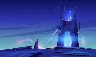 在山顶或外星表面的魔法门，在星空下岩石发光入口的未来景观背景。幻想书或电脑游戏场景，卡通矢量插图