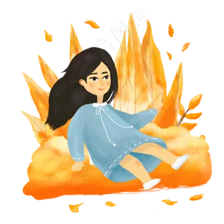 手绘秋分小女孩玩耍