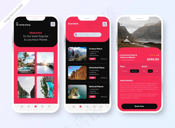 酒店预订应用程序appui设计屏幕eps,ai矢量模版下载