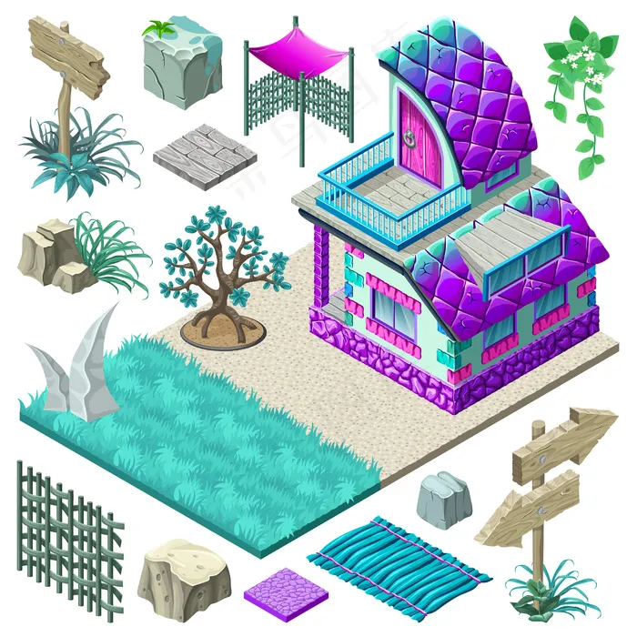 等距小屋和元素设计。eps,ai矢量模版下载