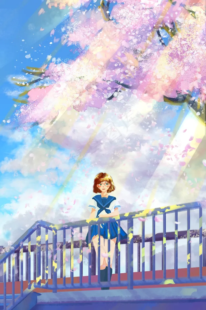 唯美治愈清新夏景夏至春天少女樱花春分阳光