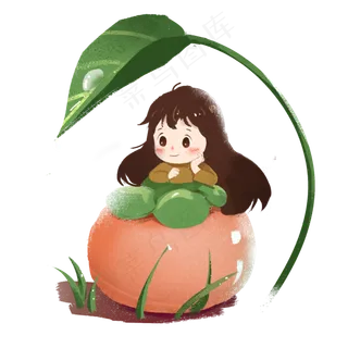 寒露绿色小清新女孩和柿子免扣