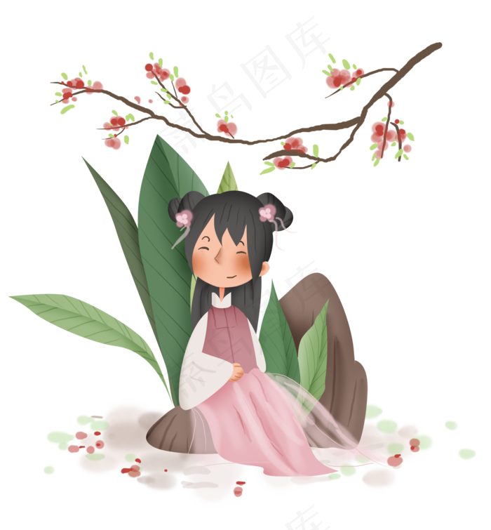 春天桃花树下的粉色汉服儿童