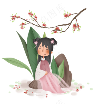 春天桃花树下的粉色汉服儿童