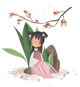 春天桃花树下的粉色汉服儿童
