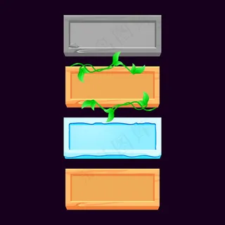 一套木头，石头，冰，木头叶子的游戏ui资产元素按钮