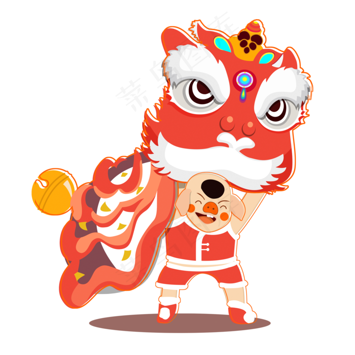 手绘卡通男孩玩狮子头元素,免抠元素