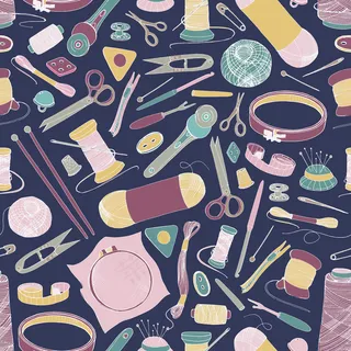 在深色背景上使用手绘针织和缝纫工具和材料制成的无缝图案