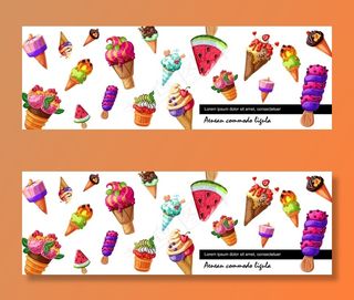 卡通新鲜冰淇淋横幅banner与冰淇淋的各种设计与不同的水果和浆果口味