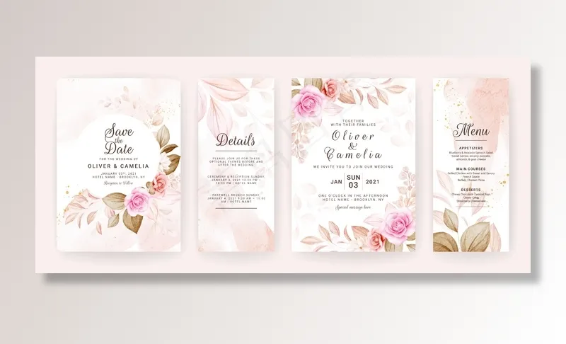 花卉婚礼请柬模板集棕色和桃色玫瑰鲜花和树叶装饰。eps,ai矢量模版下载