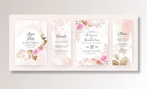 花卉婚礼请柬模板集棕色和桃色玫瑰鲜花和树叶装饰。