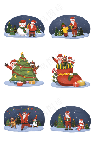 圣诞节圣诞夜圣诞老人麋鹿雪人,免抠元素