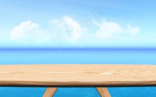 3d木桌，蓝色海洋景观背景，产品介绍
