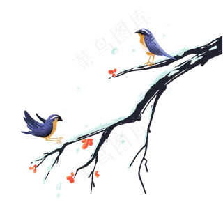 站在盖满白雪树枝上的小鸟