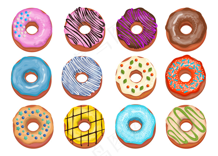 各式甜甜圈系列。蓝色、巧克力、草莓糖衣甜甜圈顶视图。卡通插画