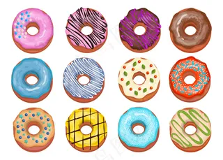 各式甜甜圈系列。蓝色、巧克力、草莓糖衣甜甜圈顶视图。卡通插画