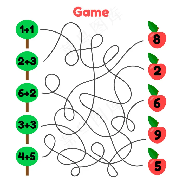 矢量图解。适合学龄前儿童的数学游戏。迷宫。解决这些例子。复杂的道路。树和苹果。