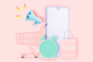 购物车销售横幅banner纸艺术风格和粉彩方案